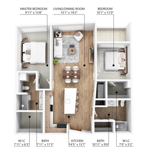 Floor plan for 2 beds, 2 baths, 1055 sqft